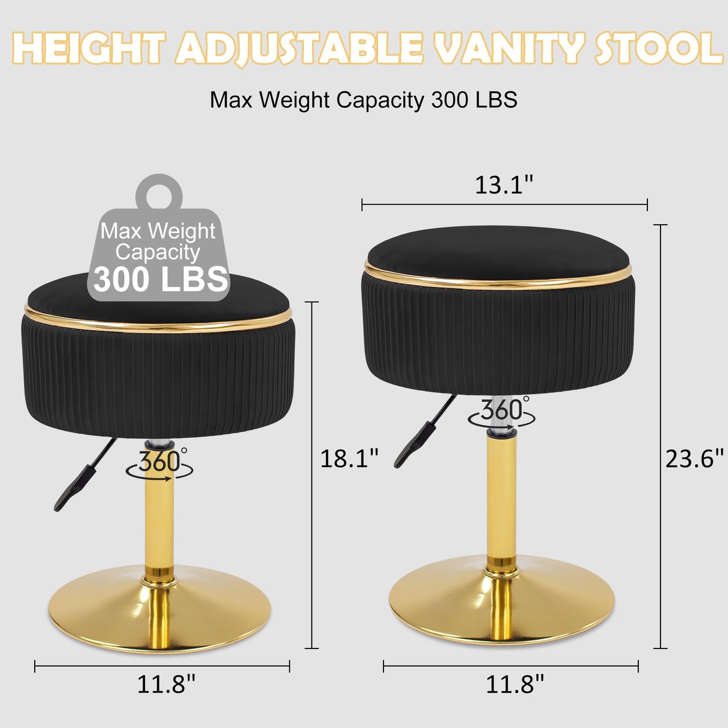 MRITWAII Adjustable Vanity Stool with Storage, 360° Swivel Makeup Stool Chair Small Velvet Round Ottoman with Gold Base for Bedroom (Black)