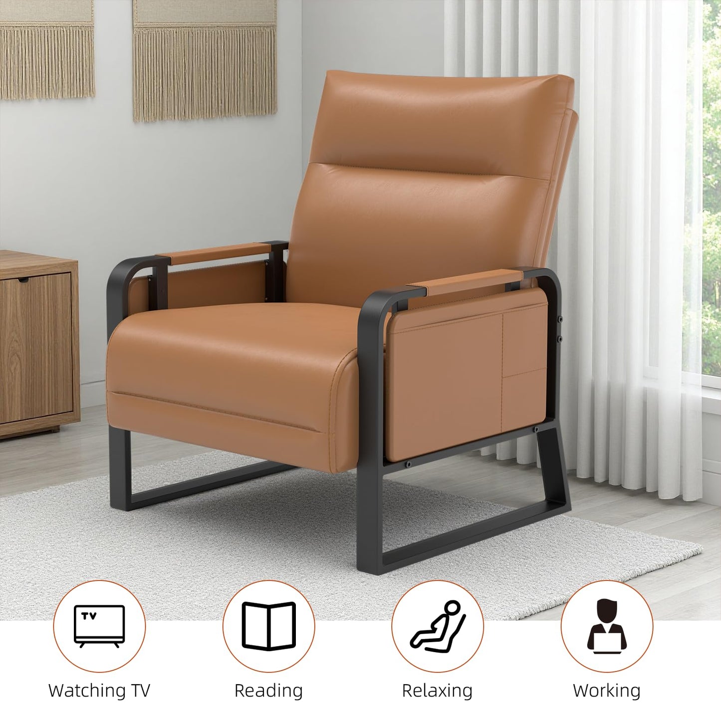 Tbillionnext Upholstered Accent Chair, Modern Faux Leather Sofa Chair with Foldable Side Tray Table & Storage Pocket, Small Accent Sofa for Living Room, Bedroom, Reception Room, Brown