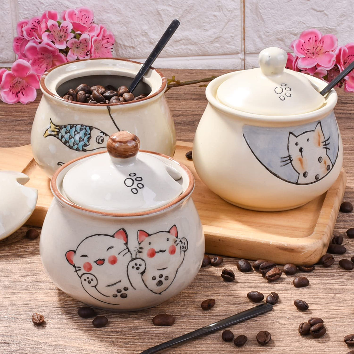 LMRLCS Ceramic Sugar Bowl with Lid and Spoon, Japanese Sugar Bowl with Spoon and Lid (Style 2)