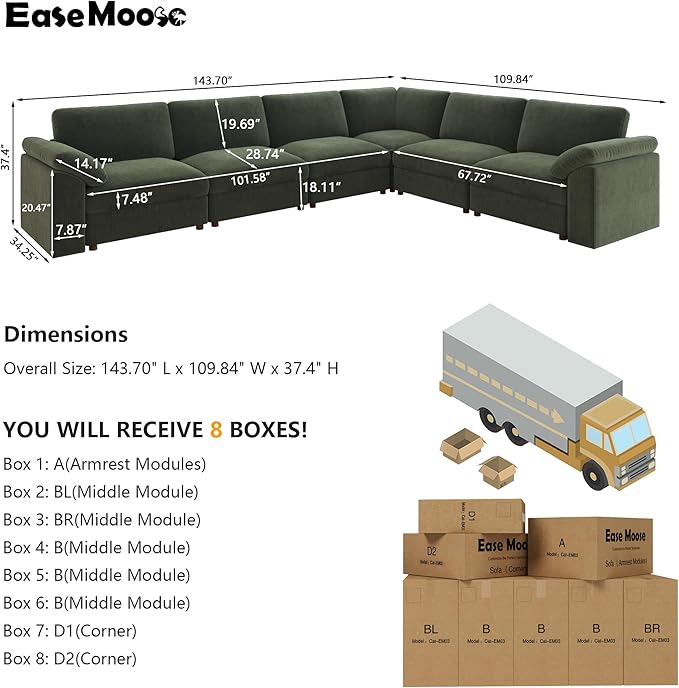 EASE MOOSE Oversized Sectional Modular Sofa, Large L Shape Sectional Couch Wide