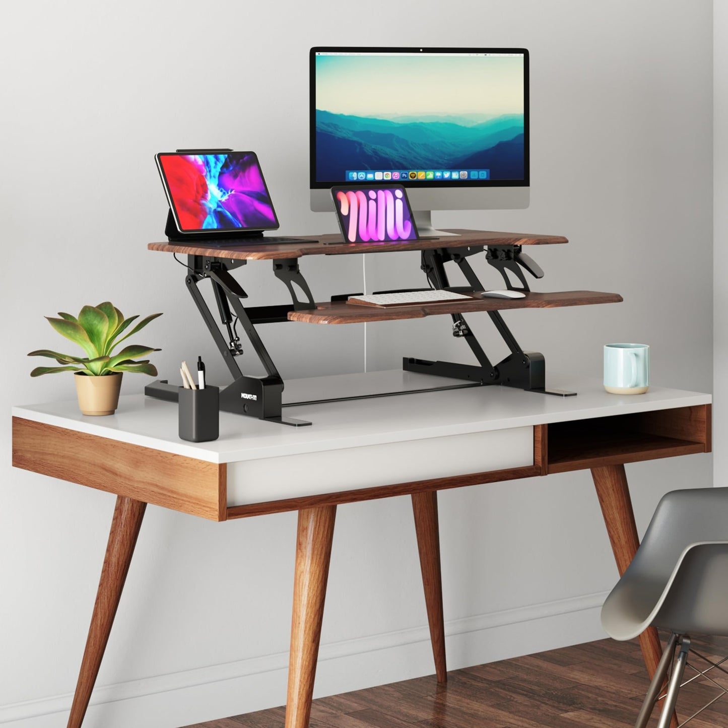 Mount-It! Large 38 Inch Standing Desk Converter, Sit Stand Desk Riser for Dual Monitors with Keyboard Tray, Height Adjustable Desktop Workstation, Easy Lift Gas Spring, Rustic Walnut Brown