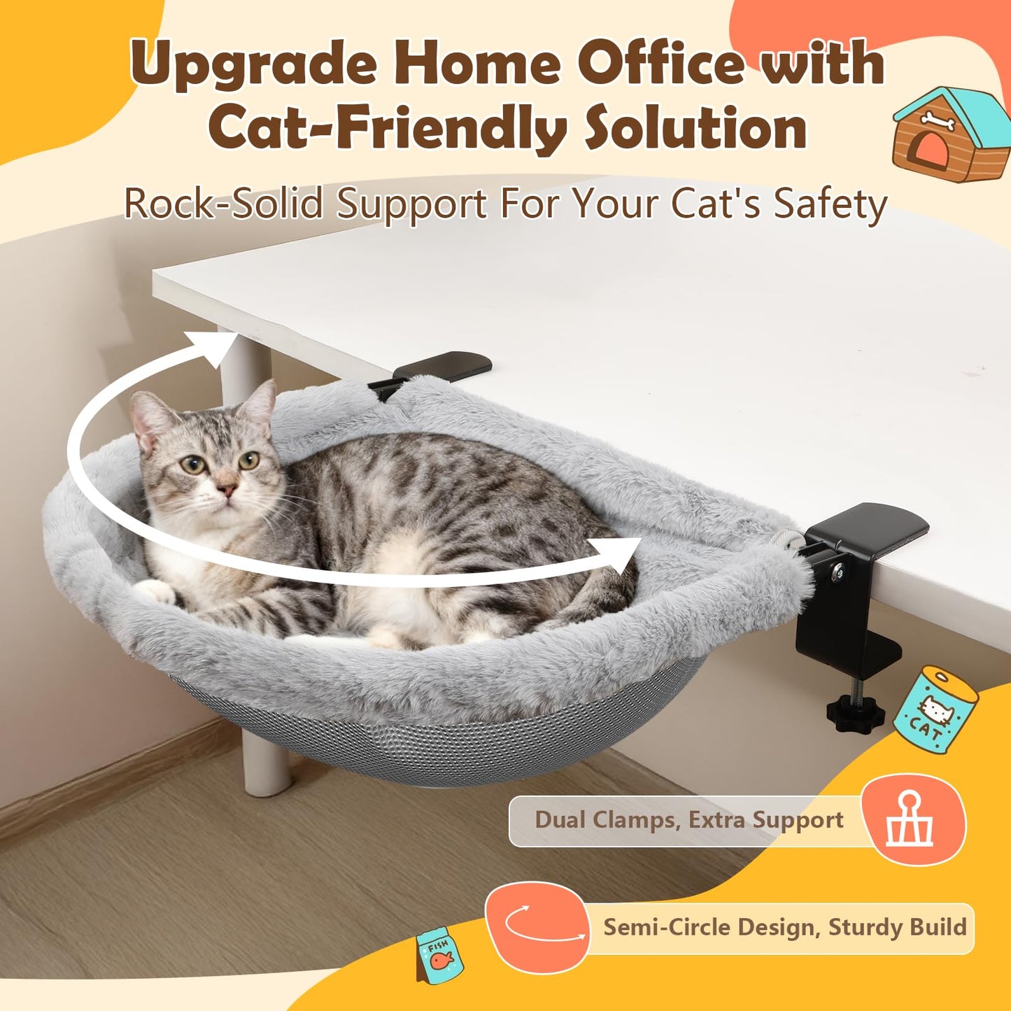 JinxZap X-Large Cat Desk Bed | 19"x15" Spacious Retreat, Dual Clamps & Sunken Hammock Design, Comfy Cat Desk Hammock with Faux Rabbit Fur Cover, Removable & Washable, Holds Up to 40lbs