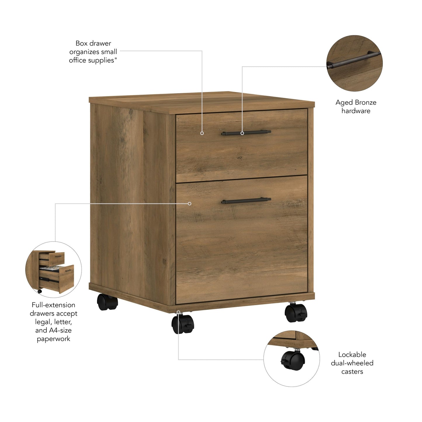 Bush Furniture Key West 2 Drawer Rolling File Cabinet in Reclaimed Pine Mobile Organization for Home Office Small Under Desk Storage on Wheels