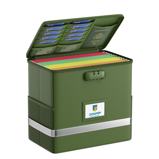 ZOOPIP Fireproof File Box with Lock, Document Box Storage Organizer, Suitable for Hanging File Folders in Letter Size, Collapsible File Box, Reflective Strip for Fast Find (12.2"*6"*10.2, Green)