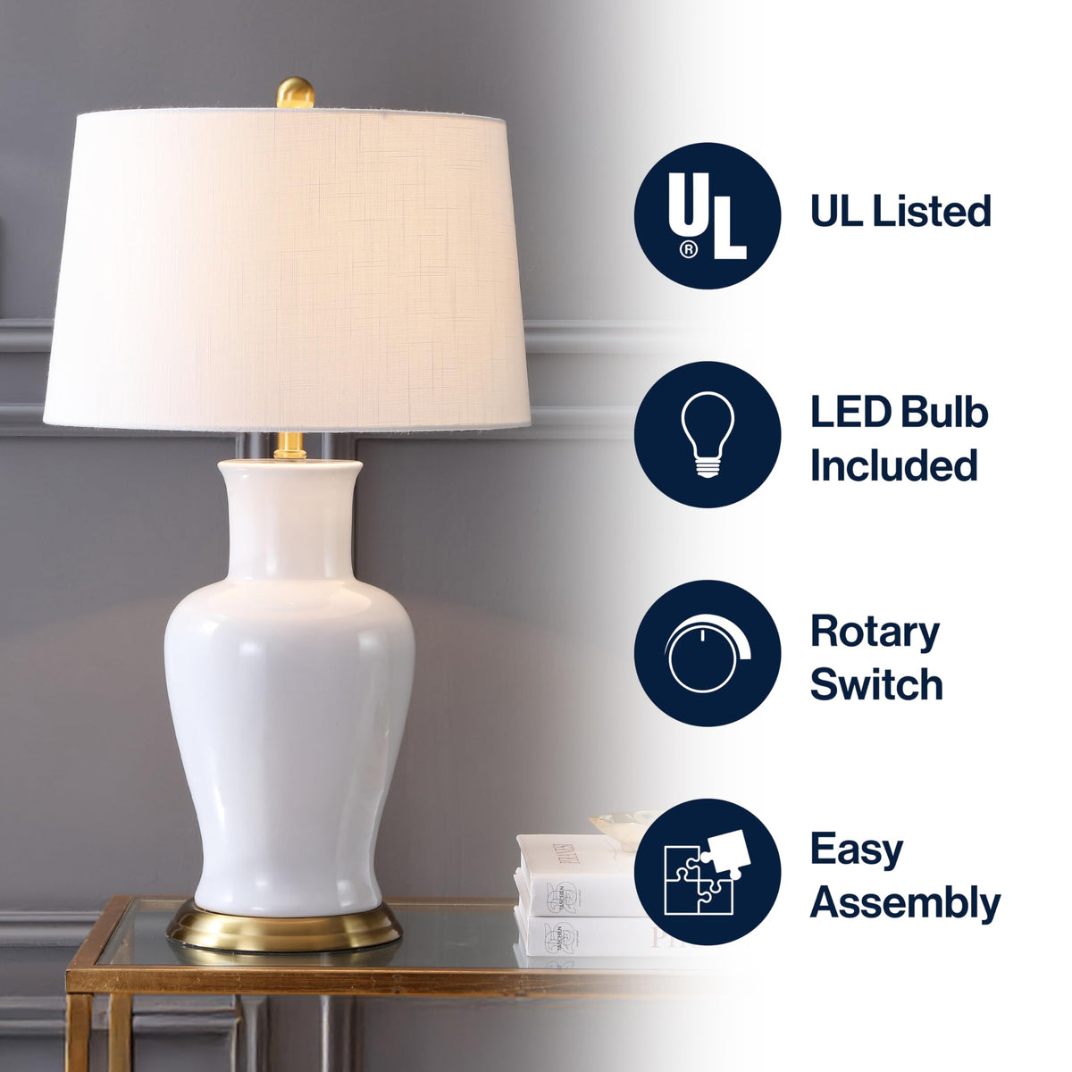 JONATHAN Y 29" White/Gold Traditional Ceramic Urn LED Table Lamp for Bedroom Decor, White Linen Drum Shade, Classic Nightstand Lamp for Living Room, LED Bulb Included JYL4026A