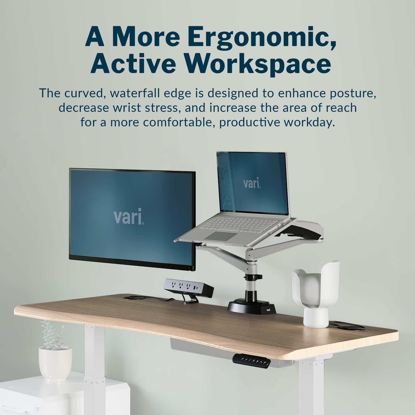 Vari Ergo 54x26 Electric Standing Desk – Height Adjustable Sit Stand VariDesk + Curved Waterfall Edge, 4 Memory Settings, Quick Assembly, Cable Management, 200 lb Capacity – Light Wood (2 Boxes)