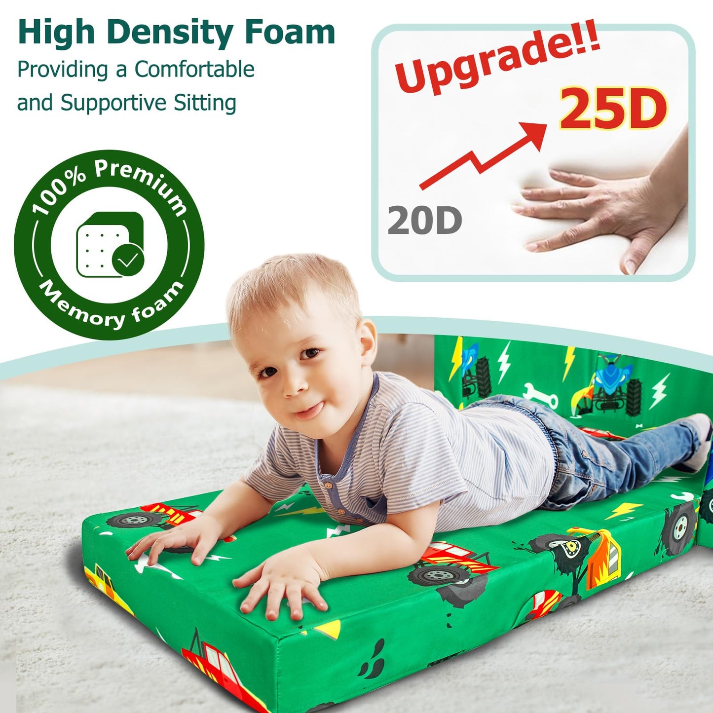 Beavtaens Kids Couch, 2-in-1 Kids Fold Out Sofa, Convertible Toddler Couch to Lounger for Girls and Boys, Soft Toddler Chairs Comfy 1-3 Years Old (Green Monster Truck)