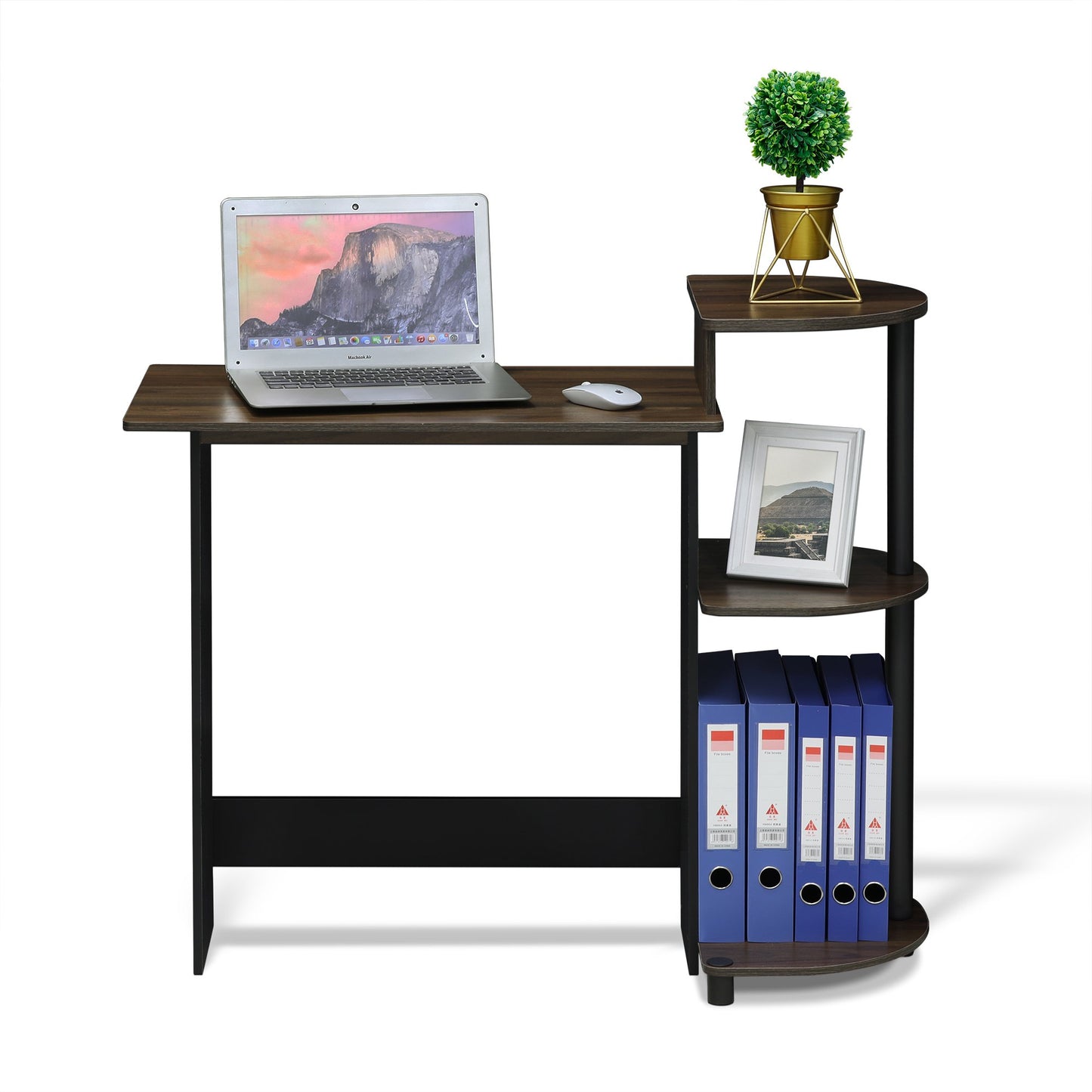 Furinno COMPACT Desk, 28.5" Wide Gaming Desk with Shelves, Computer Desk with Book Shelf, Office Desk for Home Office, Study Room, Dorm, Bedroom, Columbia Walnut