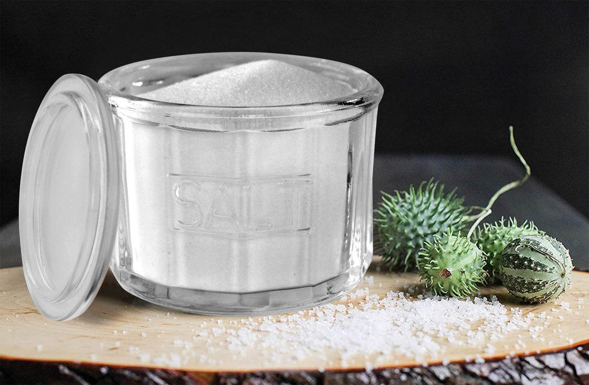HOME-X Depression Style Clear Glass Salt Cellar with Lid, Retro Kitchen Decor, Wedding Gift - 3 1/2" H x 4" D