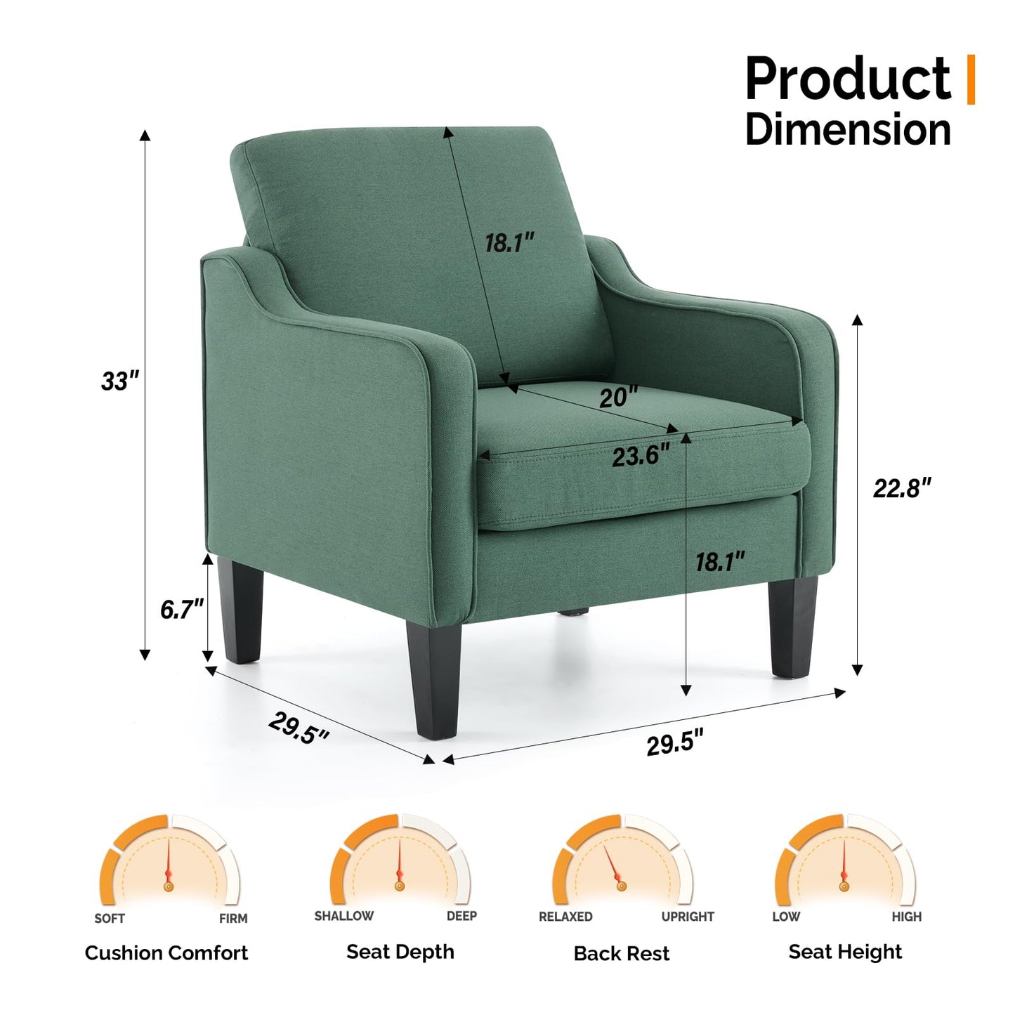 VINGLI Accent Chair for Living Room Chairs Dark Green Reading Chair for Bedroom Scooped Arm Chair Mid Century Modern Accent Chairs Upholstered Comfy Chair for Apartment, Waiting Room