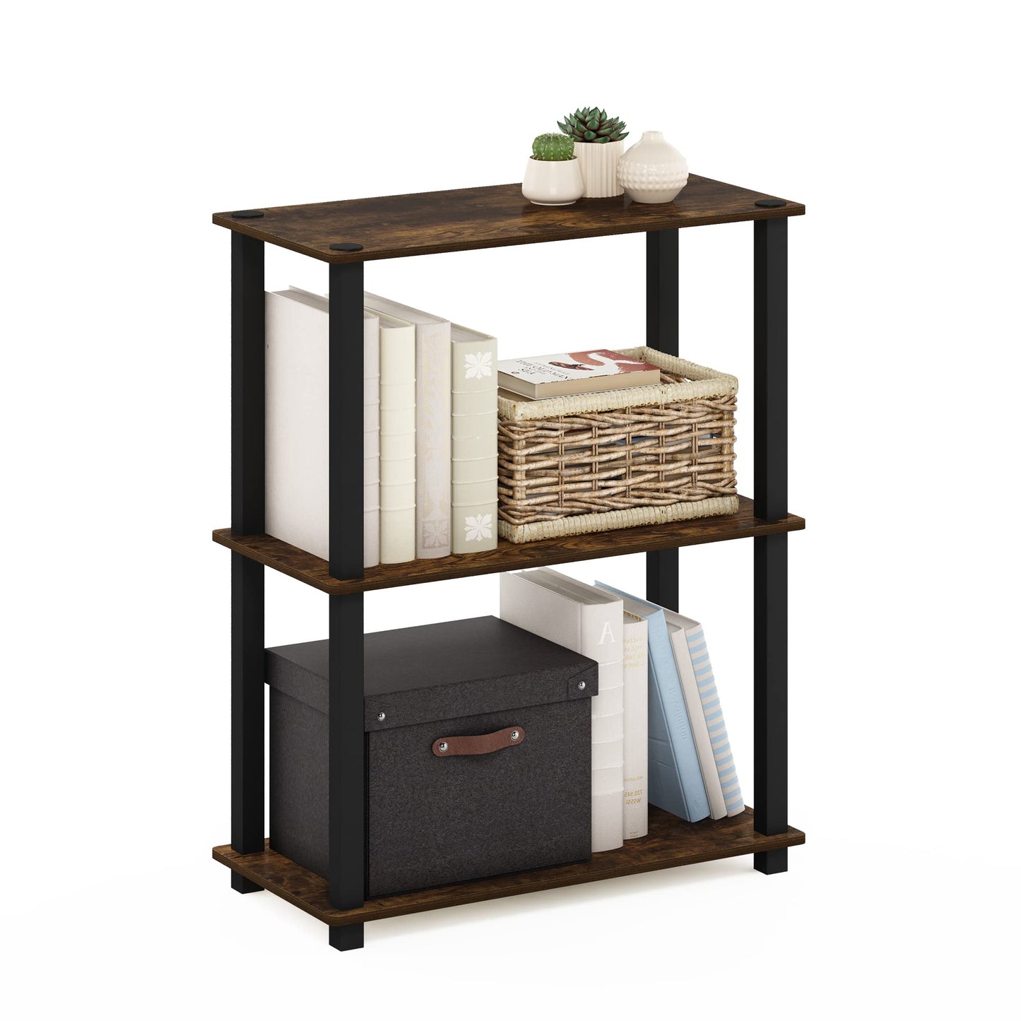 Furinno TURN-S-TUBE Storage Shelves, 3-Tier Book Shelf, Corner Shelf, Toolless Open Shelves, for Organization and Storage, Living Room, Garage, Home Office, Amber Pine