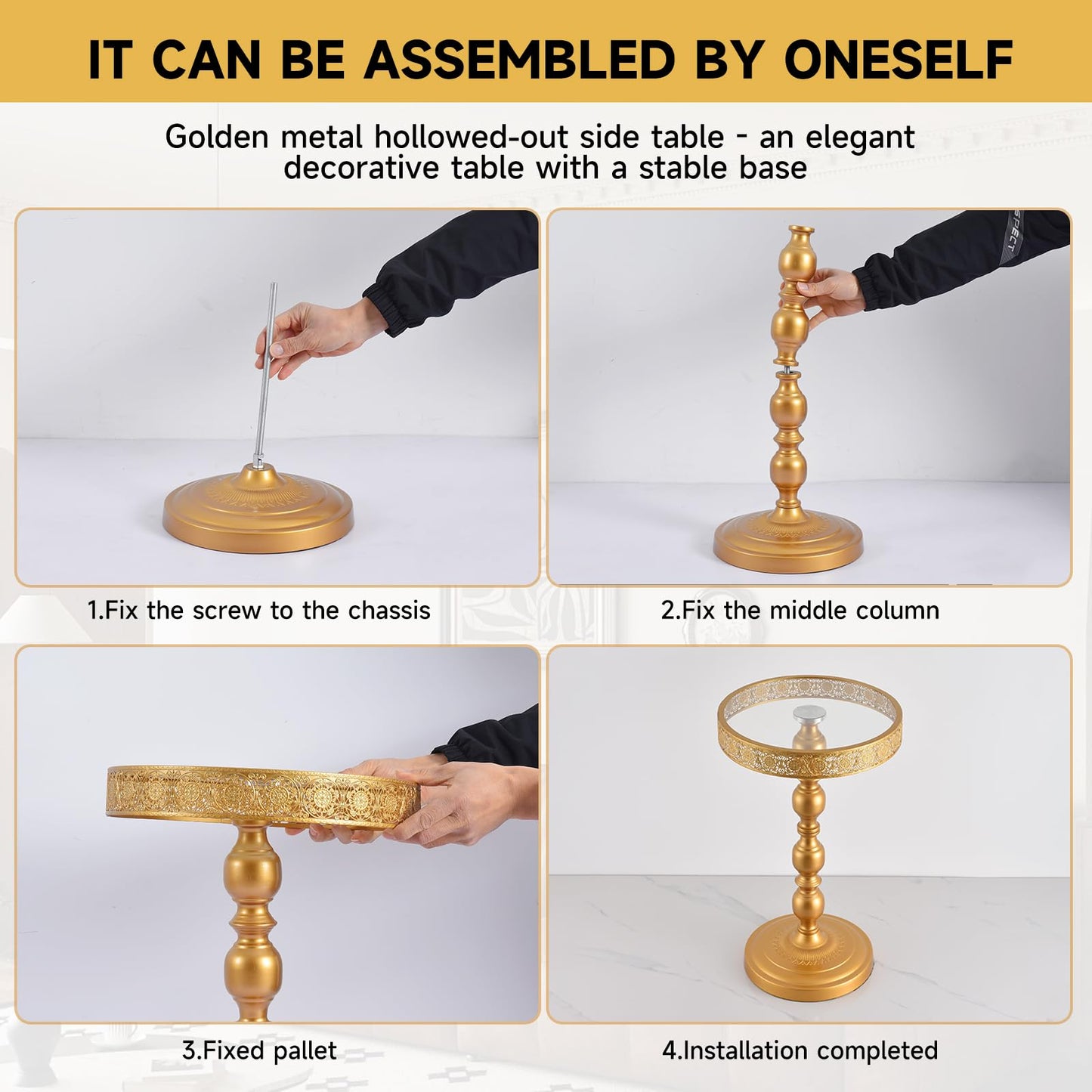 taotanra-Gold Round End Table with Glass Top, Hollow-Carved Metal Frame Small Pedestal Side Table, Modern Accent Coffee Table for Living Room Bedroom Entryway Home Decor