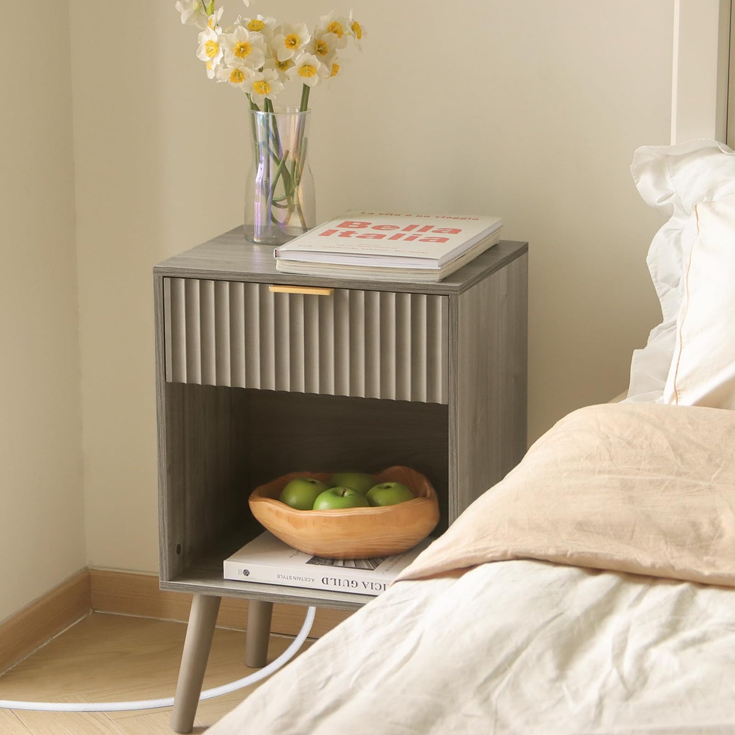 Fultyle Grey Wood Nightstand with Charging Station, Modern Bedside Table with Fluted Drawers and Storage Shelf, End Side Tables Living Room for Bedroom, Office (Grey)