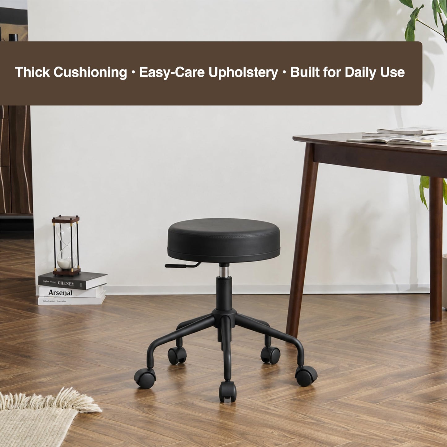 DR.LOMILOMI Adjustable Height Hydraulic Rolling Swivel Stool Chair with Metal Base and Faux Leather Cushion for Salon, Medical, Office and Home, 503 Kai Series - Round Seat, Black