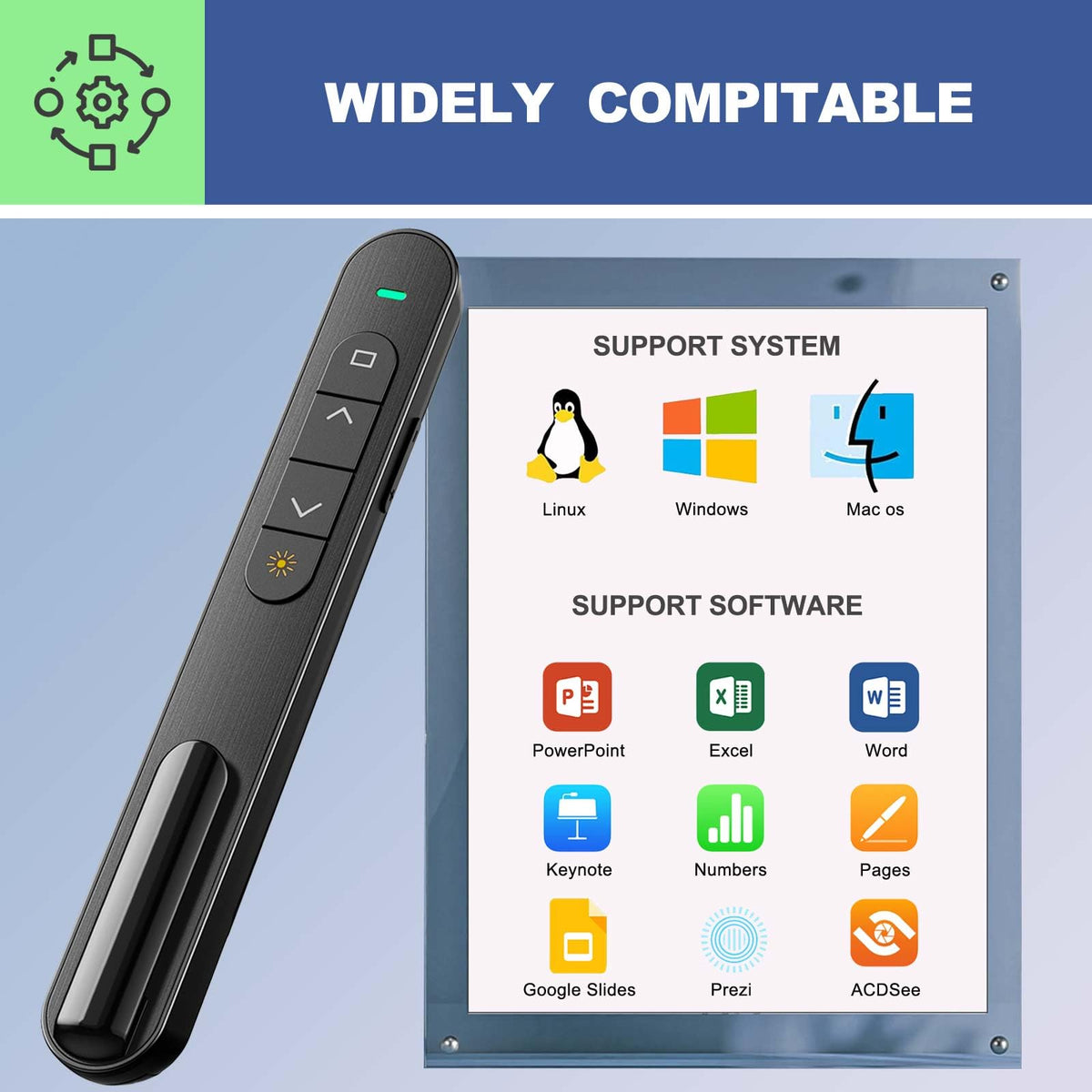 QUI Presentation Clicker with Volume Control, 2.4GHz USB Wireless Presenter Remote, PowerPoint Clicker Slide Advancer Compatible with Mac, Windows, Google Slides, Keynote