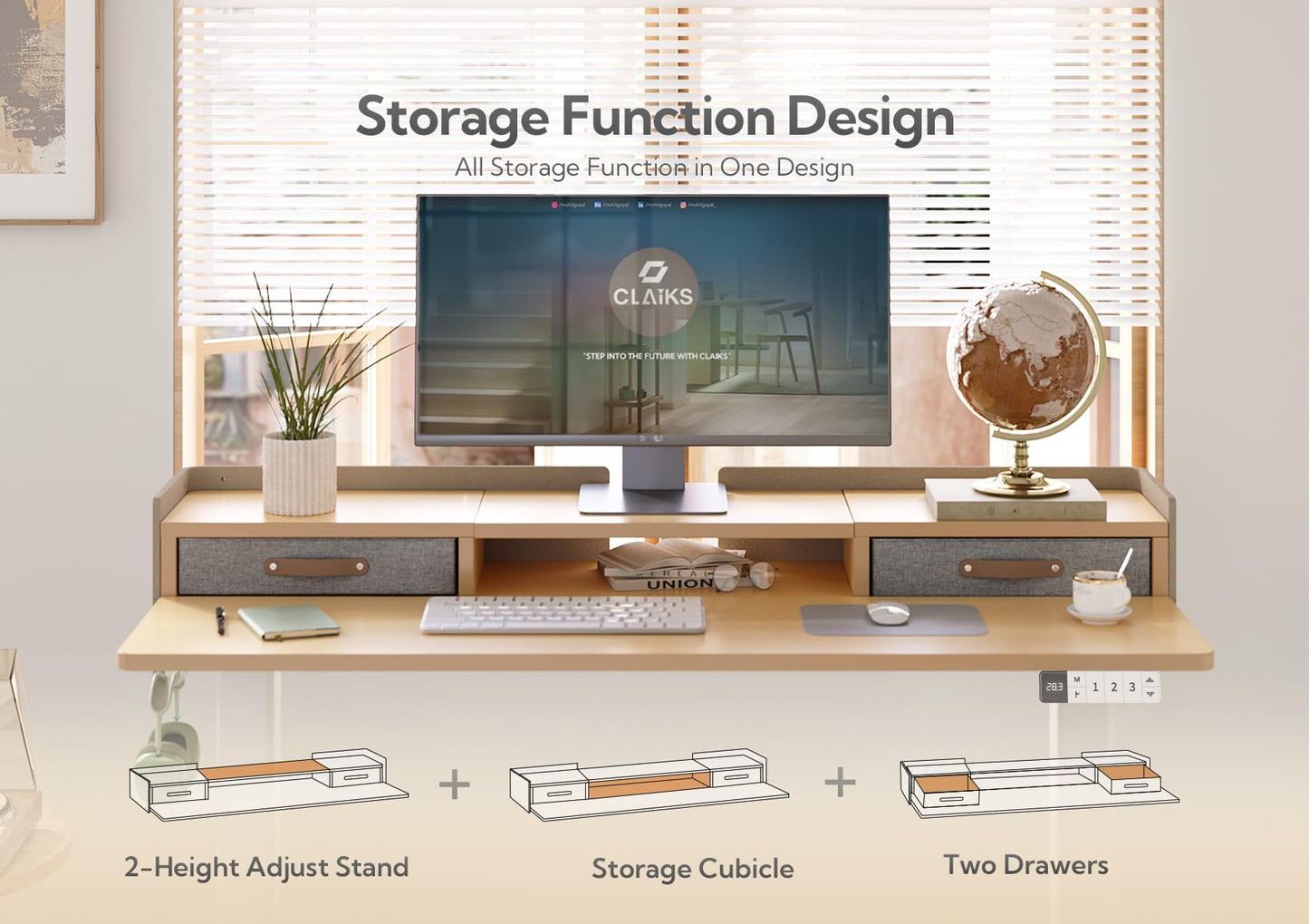 Claiks Standing Desk with Drawers, Stand Up Electric Standing Desk Adjustable Height, Sit Stand Desk with Storage Shelf and Splice Board, 55 Inch, Natural