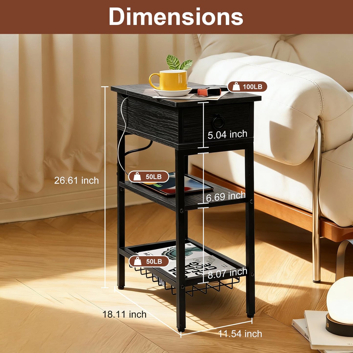 Cazacomzy Small Black Side Table Charging Station for Bedroom, Narrow Black Living Room End Tables with Storage, Skinny USB Nightstand with Outlet, Gaming Coffee Table for Couch with USB Ports