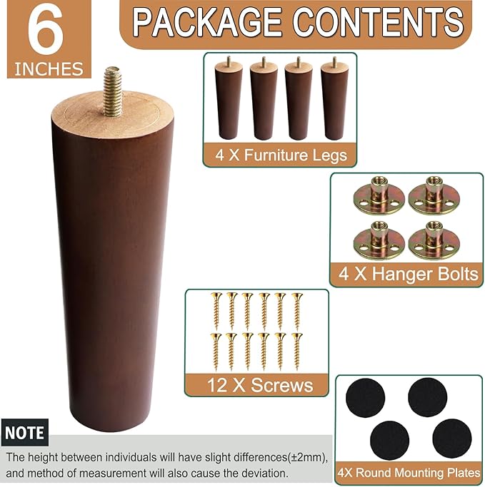 Yaliuliu 6 Inches Round Solid Wood Furniture Legs Set of 4, TV Stand, Ottoman