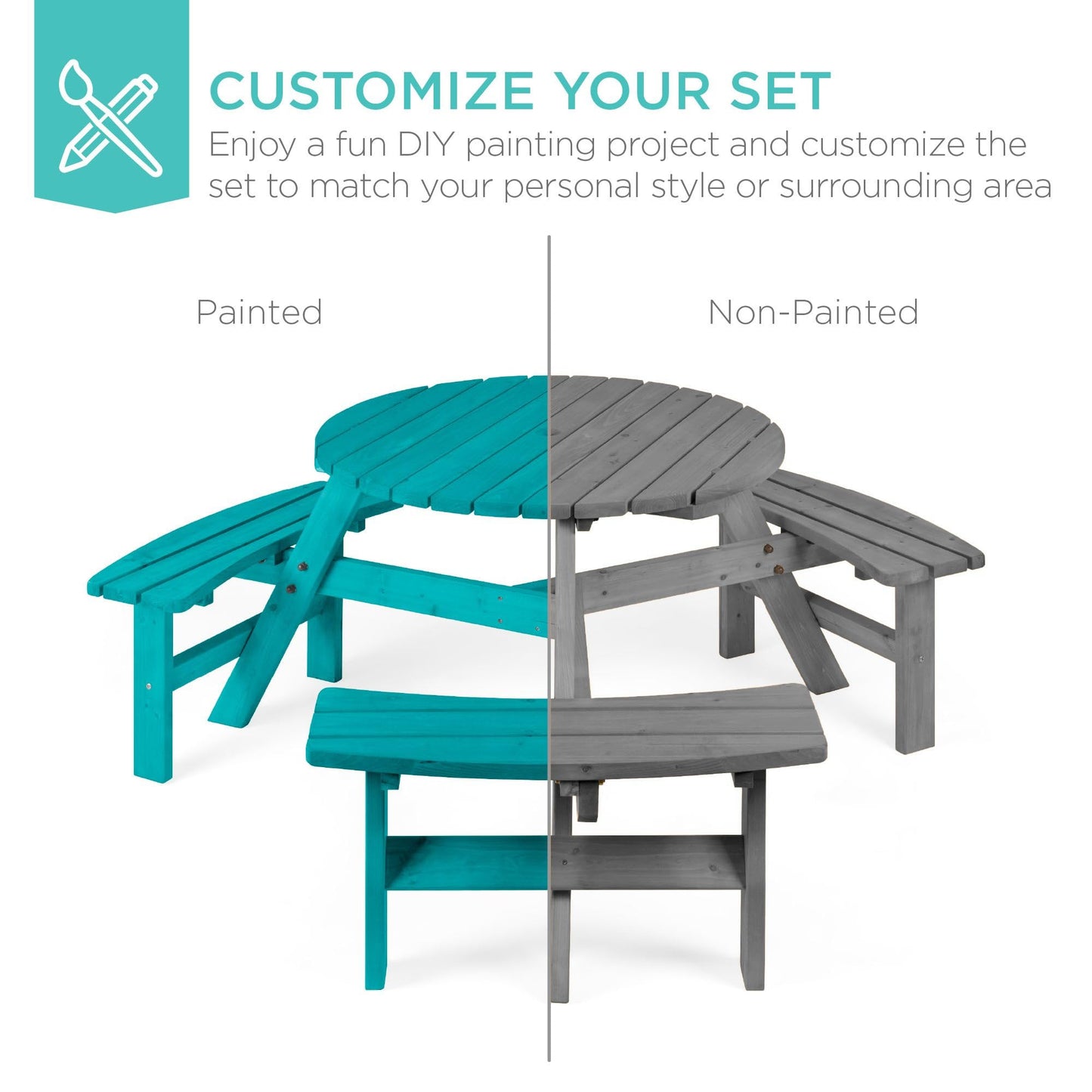 Best Choice Products 6-Person Circular Outdoor Wooden Picnic Table for Patio, Backyard, Garden, DIY w/ 3 Built-in Benches, 500lb Capacity - Gray