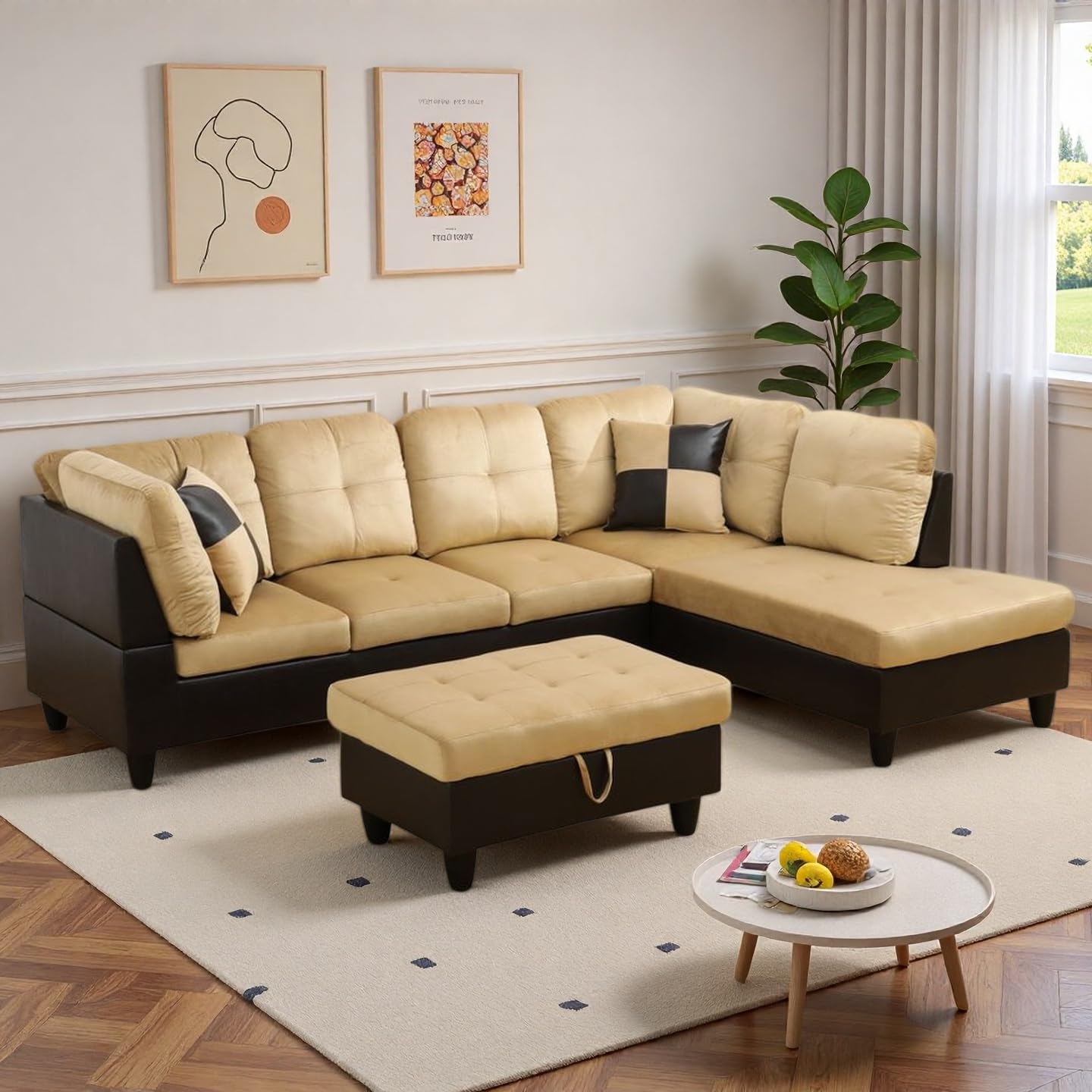 NicBex Sectional Couch 3 Pieces Sofa Set, L-Shaped Modular Couches for Living Room, Furniture Sets with Lounge Chaise & Storage Ottoman, Multi-Scene Use for Apartment & Office, Beige+Black