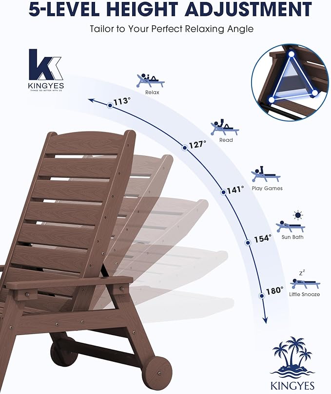 KINGYES HDPE Lounge Chair Outdoor Set of 2, Patio Chaise Lounge Recliner
