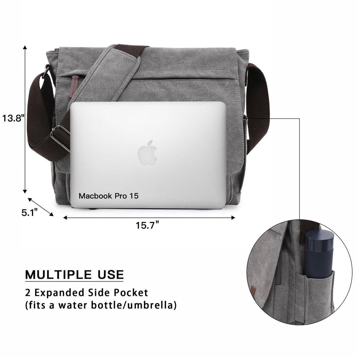 Dasein Large Vintage Canvas Messenger Shoulder Bag, Grey, 15in Laptop