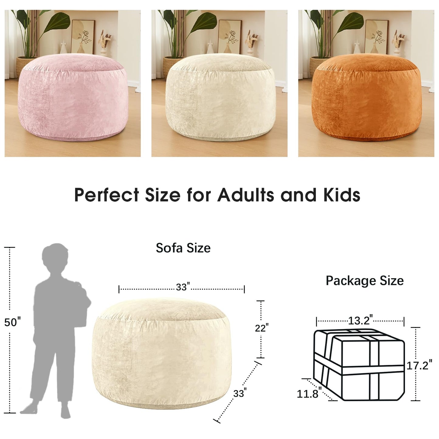 ILPEOD Bean Bag Chairs for Adults - Memory Foam Furniture BeanBag Chair - Kids/Teens Sofa with Soft Micro Fiber Cover - Round Fluffy Couch for Living Room Bedroom College Dorm - 3 ft, Ivory