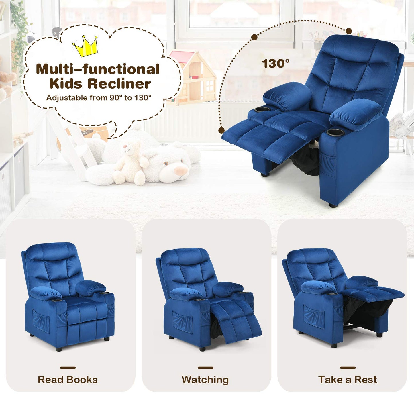 Costzon Kids Recliner Chair with Cup Holder, Adjustable Velvet Lounge Chair w/Footrest & Side Pockets for Children Boys Girls Room, Ergonomic Toddler Furniture Sofa Gifts, Kids Recliner (Blue)