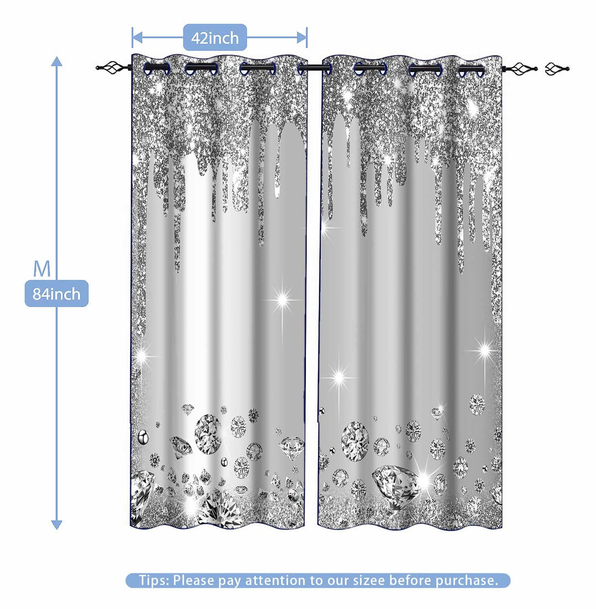 MIZSYE Sparkling Diamond Curtains Silver Shiny Drips Wall Decoration Inspiration Aart Blackout Curtains for Bedrooms Living Rooms Girls Bedroom 2 Panels 42x84inch CLZYMS52