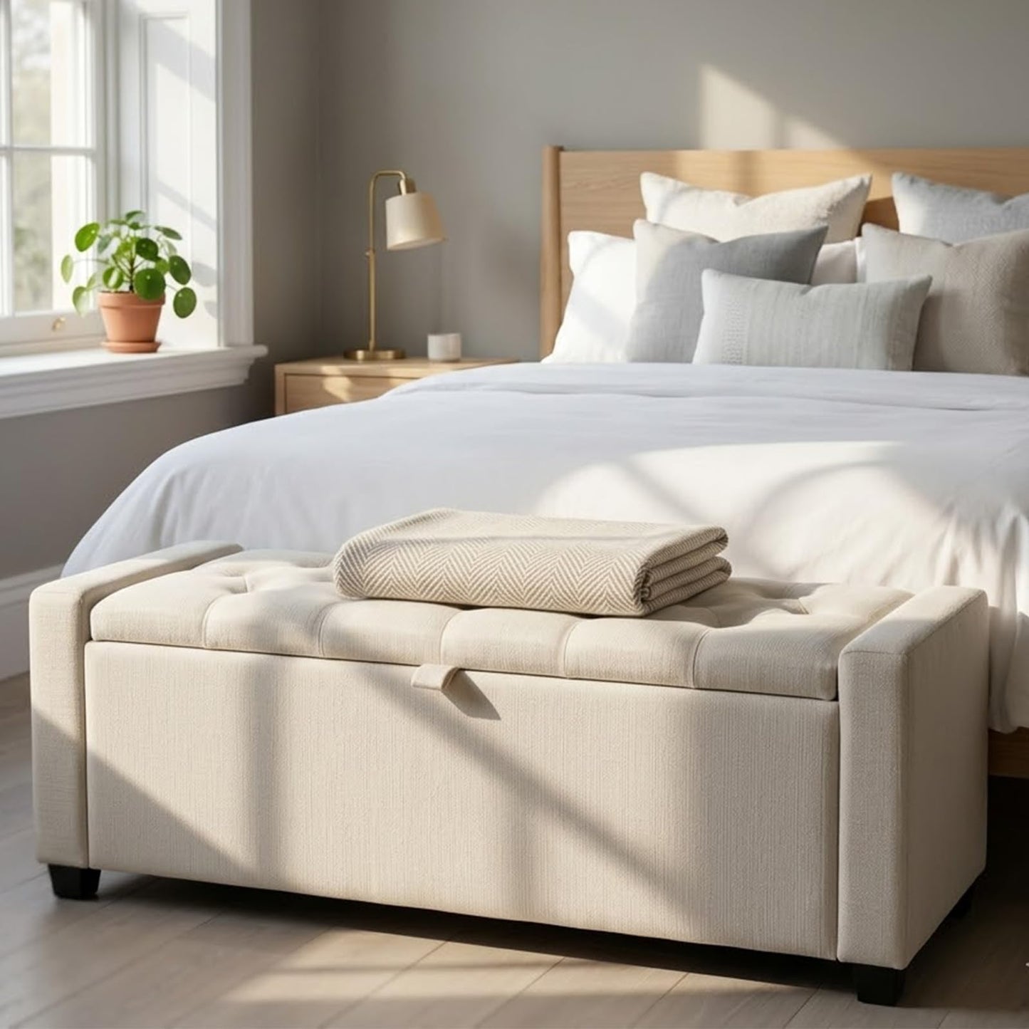 2BYF 47" Beige Storage Ottoman, Multi-Functional Shoe Bench Seat for Living
