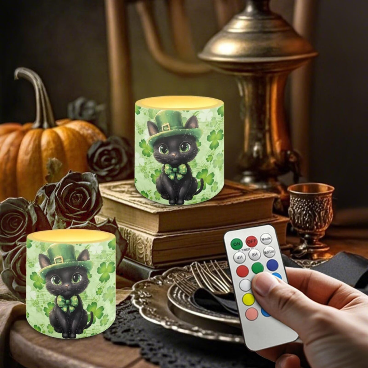 Merkmak 4Pcs St Patrick's Day Shamrocks Flameless Candles with Remote Battery Operated Candles with Timer, Cute Black Cat Pillar Tea Lights Bulk for Indoor Outdoor Home Decorations
