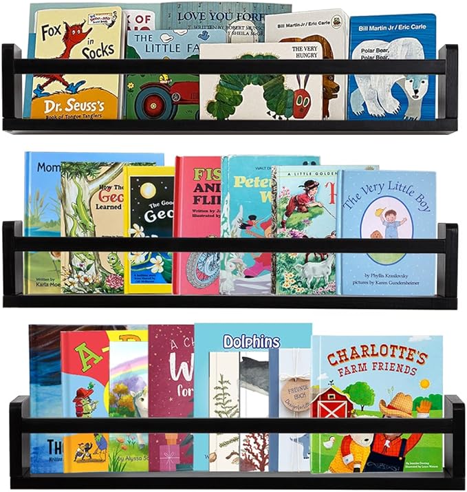 AZSKY Classic Nursery Book Shelves Black Wooden Floating Shelves Wall Bookshelf
