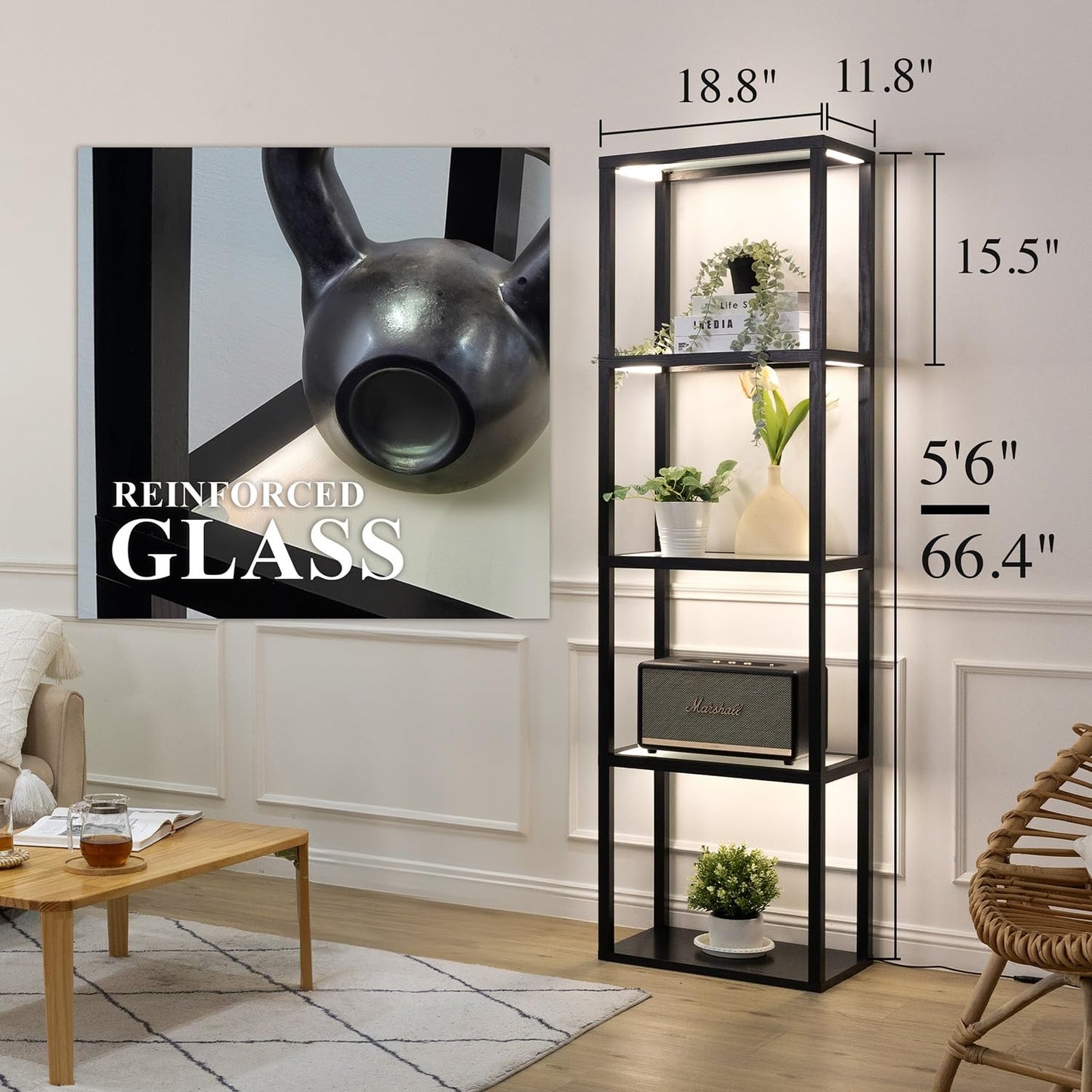 MITELSON Glass Display Shelf with Remote/APP Control, Curio Cabinet for Collectibles with Light, Modern Shelf Floor Lamp with Adjustable Color Temps for Living Room, Bedroom