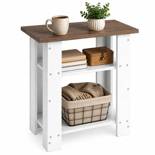 ZEXVIDA White Side Table with Oak Top, 3 Tier Modern Farmhouse End Table, Narrow White Nightstand for Bedroom, Nursery, Living Room, Coastal Small Bedside Table with Storage Shelves, 22.8" H