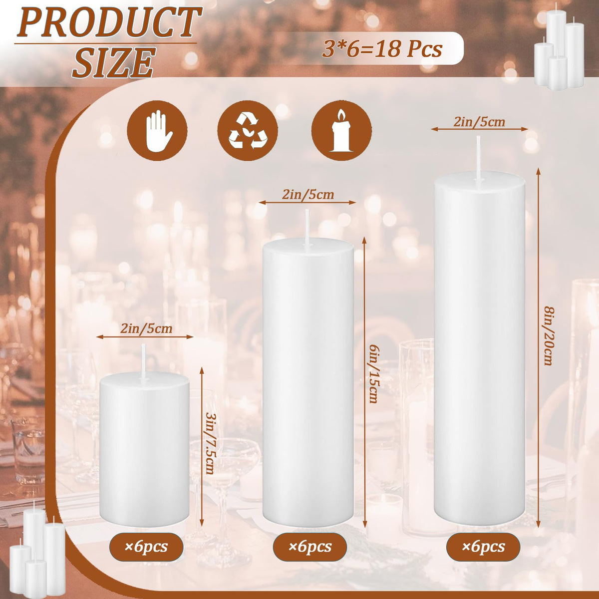Trxvxo White Pillar Candles Bulk Set of 18，Hurricane Candles，3 Different Lengths 2 x 3/6/8 Inch (6 Each)，Dripless Unscented Smokeless，Gives You a Better Atmosphere When Organizing an Event Party.