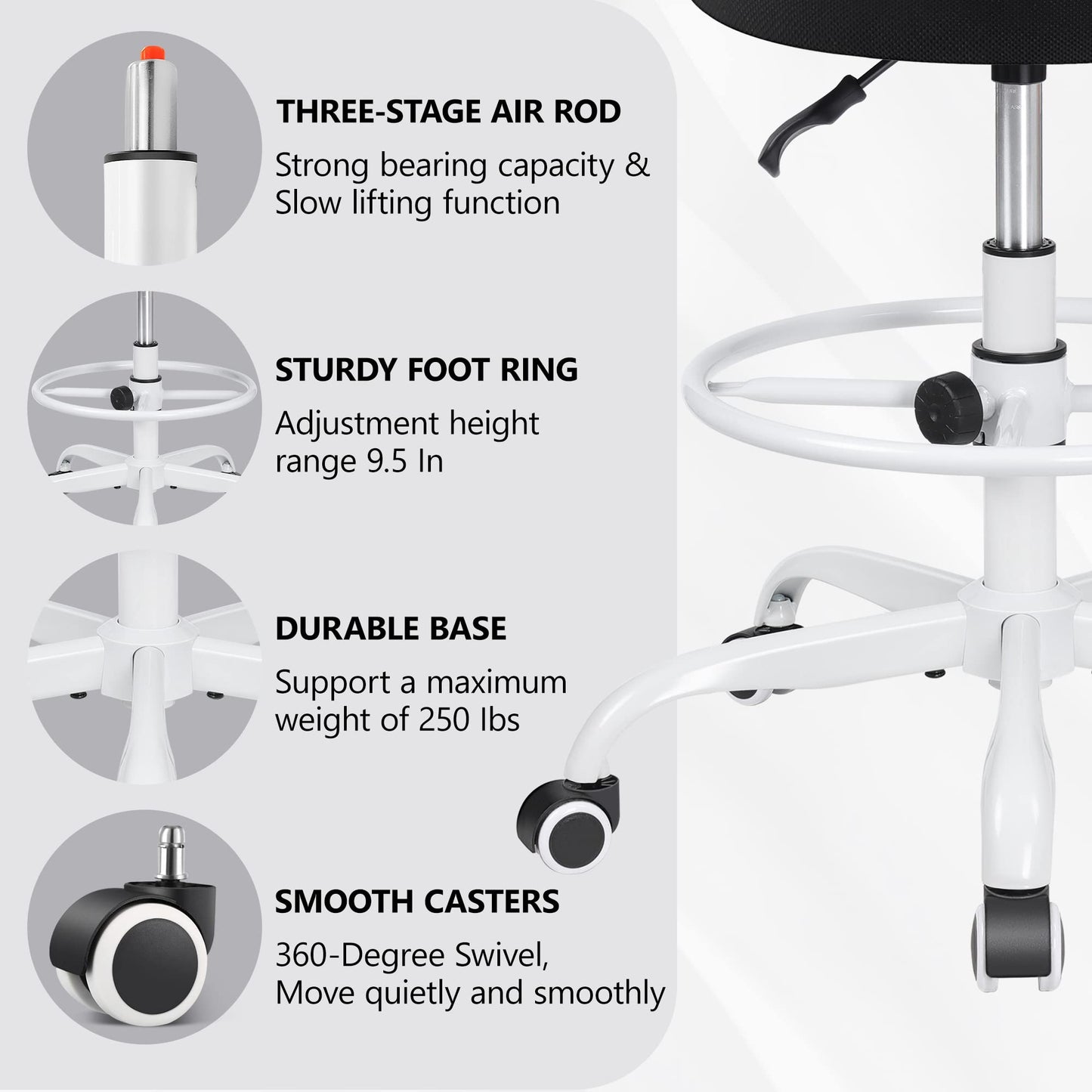 Primy Armless Mid-Back Ergonomic Standing Desk Chair - Mesh Rolling Tall Chair, Adjustable Height and Footring, Art Room, Office or Home (White)