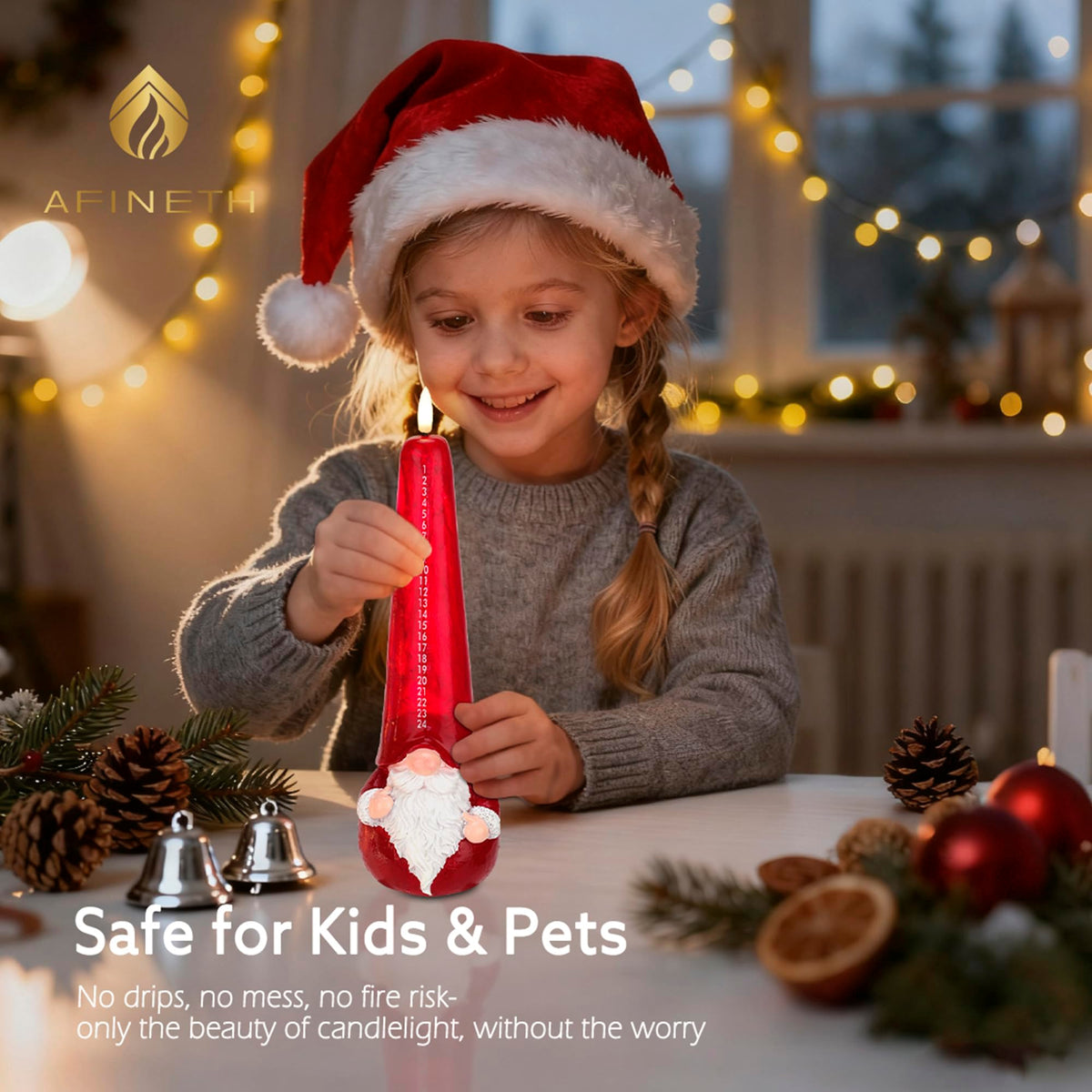 AFINETH Christmas Flameless Candles with Remote, Xmas Countdown Candle, Santa Claus Countdown to Christmas Battery Operated Candles, Red Flameless Advent Candles for Mantel Decor