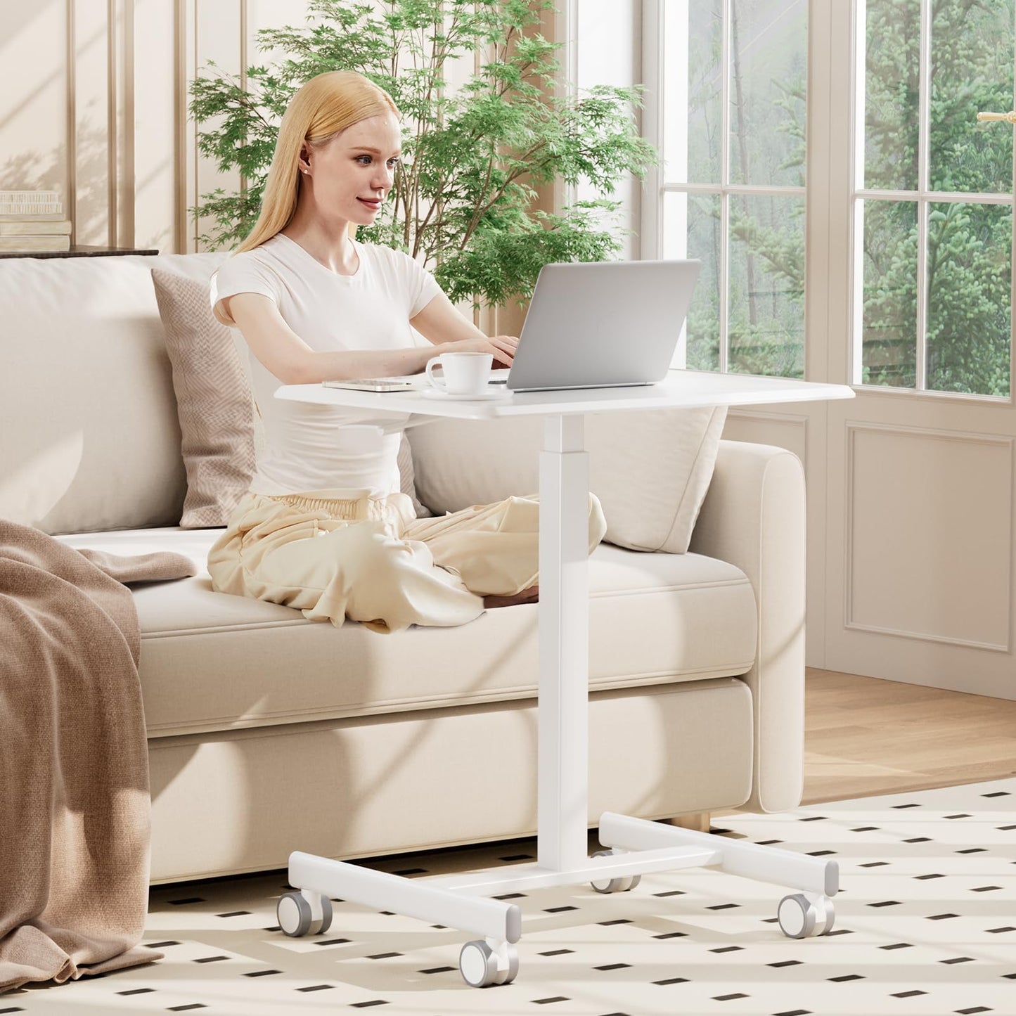 OLIXIS Small Standing Desk with Locking Wheels, Mobile Portable Rolling Laptop PC Table, Adjustable Height Computer Workstation for Home Office, 19 Inch, White