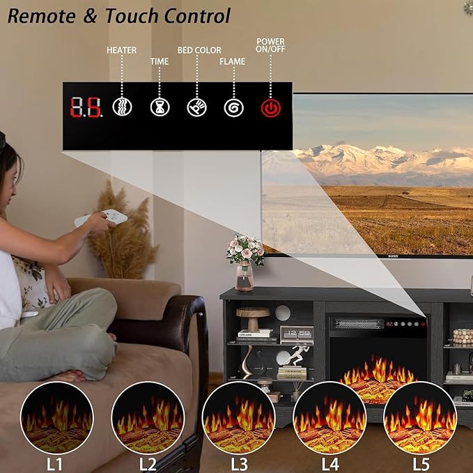 PRETZI Fireplace TV Stand with 18" Fireplace Up to 65" TVs, TV Media Console