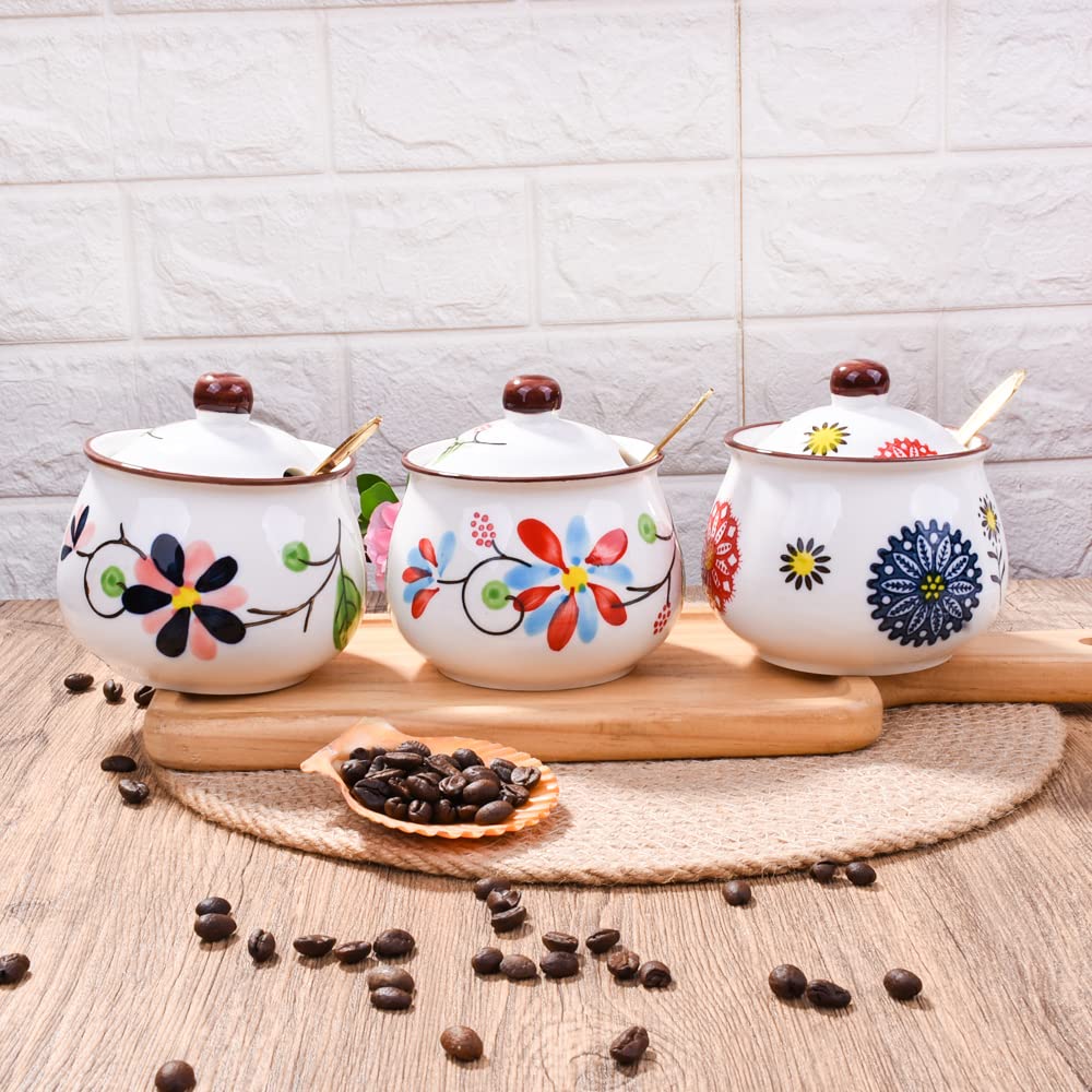 Whitenesser Ceramic Sugar Bowls with Spoons, Salt Jar Seasoning Container with Lid for Home and Kitchen (XYH)