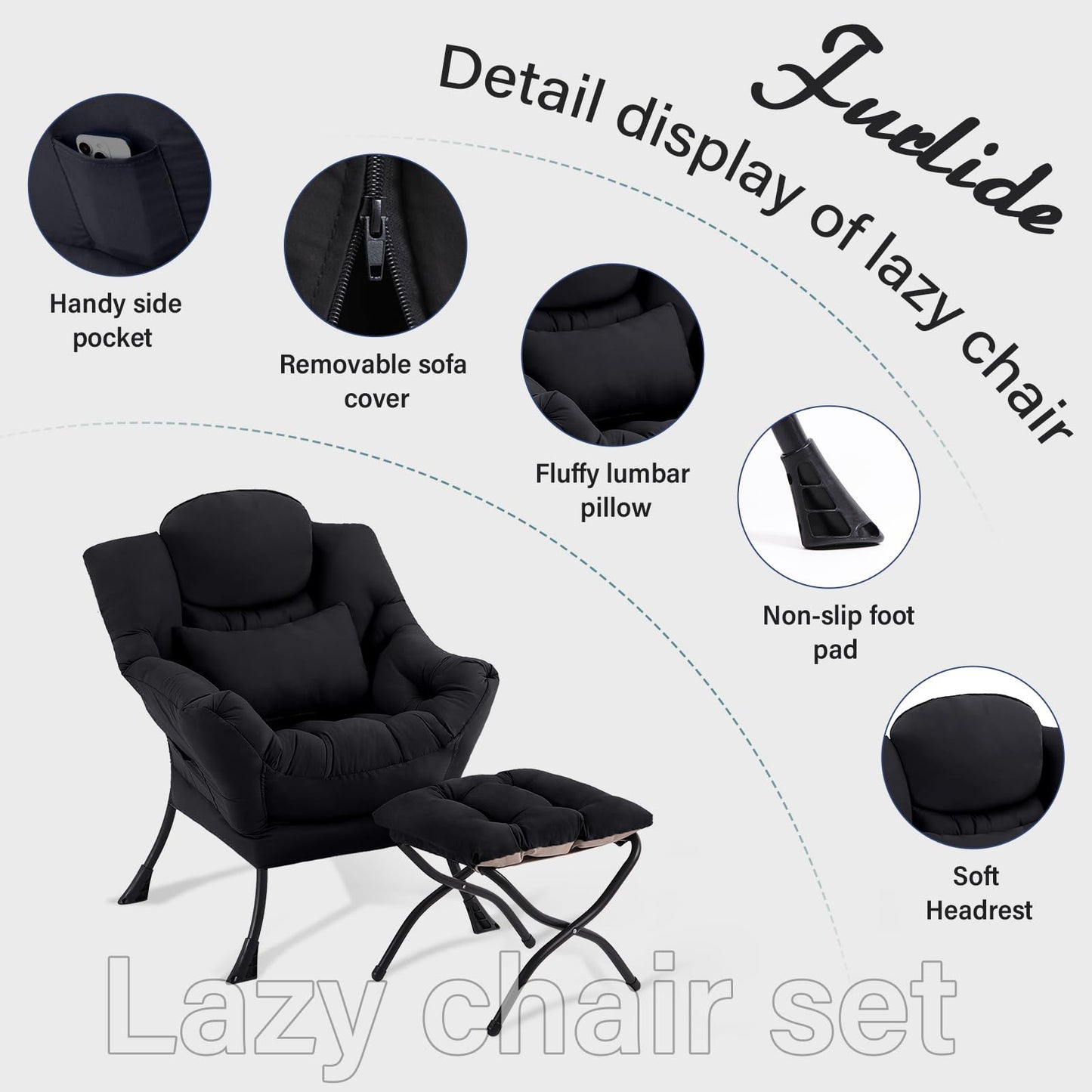 Furlide Lazy Chair with Ottoman, Comfy Fabric Accent Lounge Arm Chair with Lumbar Pillow and Folding Footrest, Reading Leisure Sofa Chair for Bedroom, Living Room, Dorm,Black