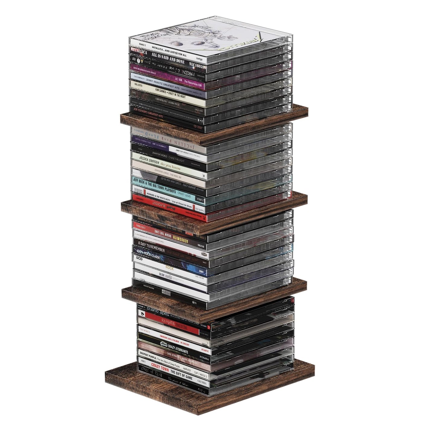 DEMEGA 4-Tier Solid Wood & Matte Black Iron CD DVD Storage Rack & Holder with Top Carry Ring, Space-Saving Vertical Organizer for Desktop, Bookshelf, Home Theater, Holds up to 40 CD Cases