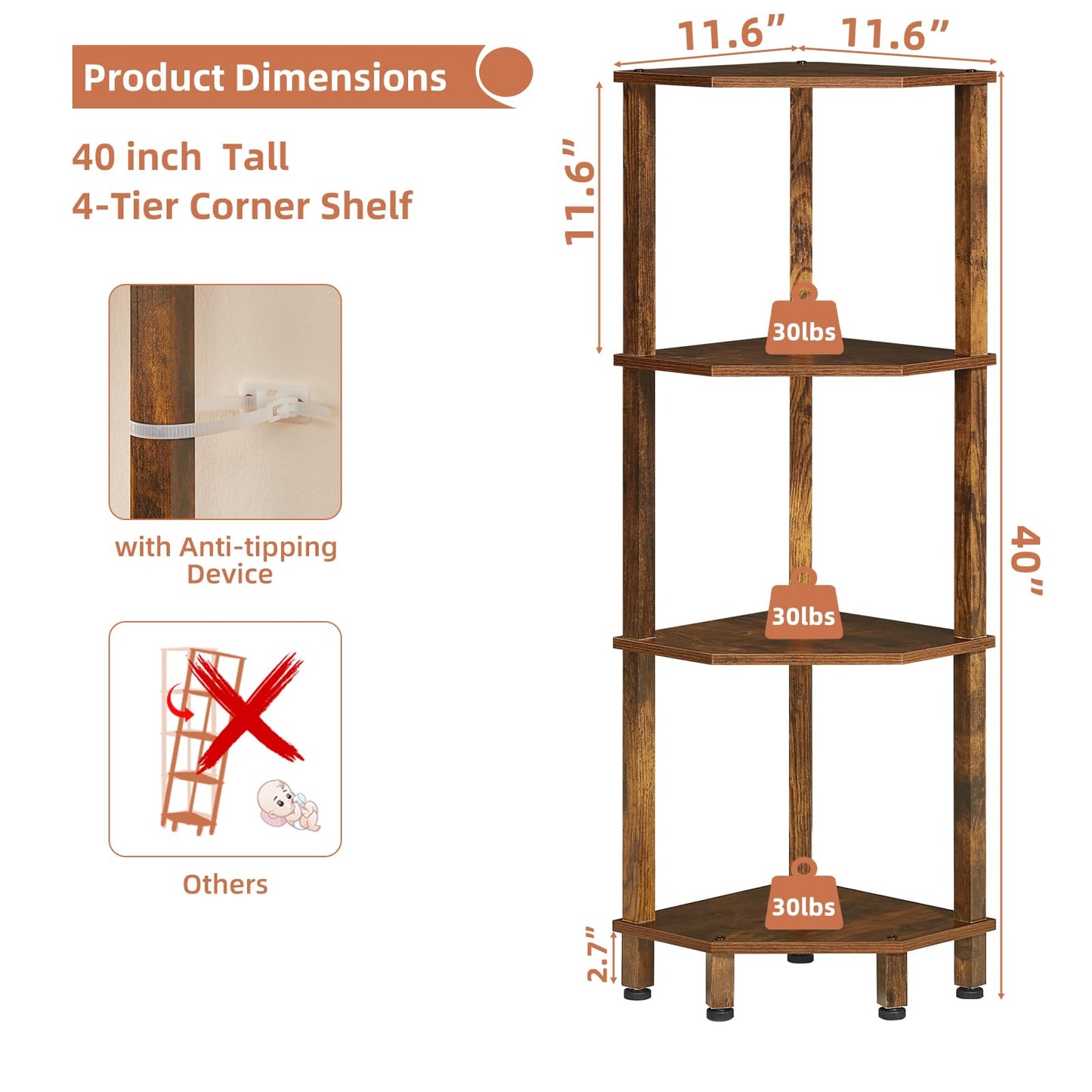 YUFAM 4-Tier Corner Shelf with Sturdy 5-Leg Base, Wooden Corner Bookshelf for Small Spaces, Corner Standing Shelf for Living Room, Bedroom, Office, Brown