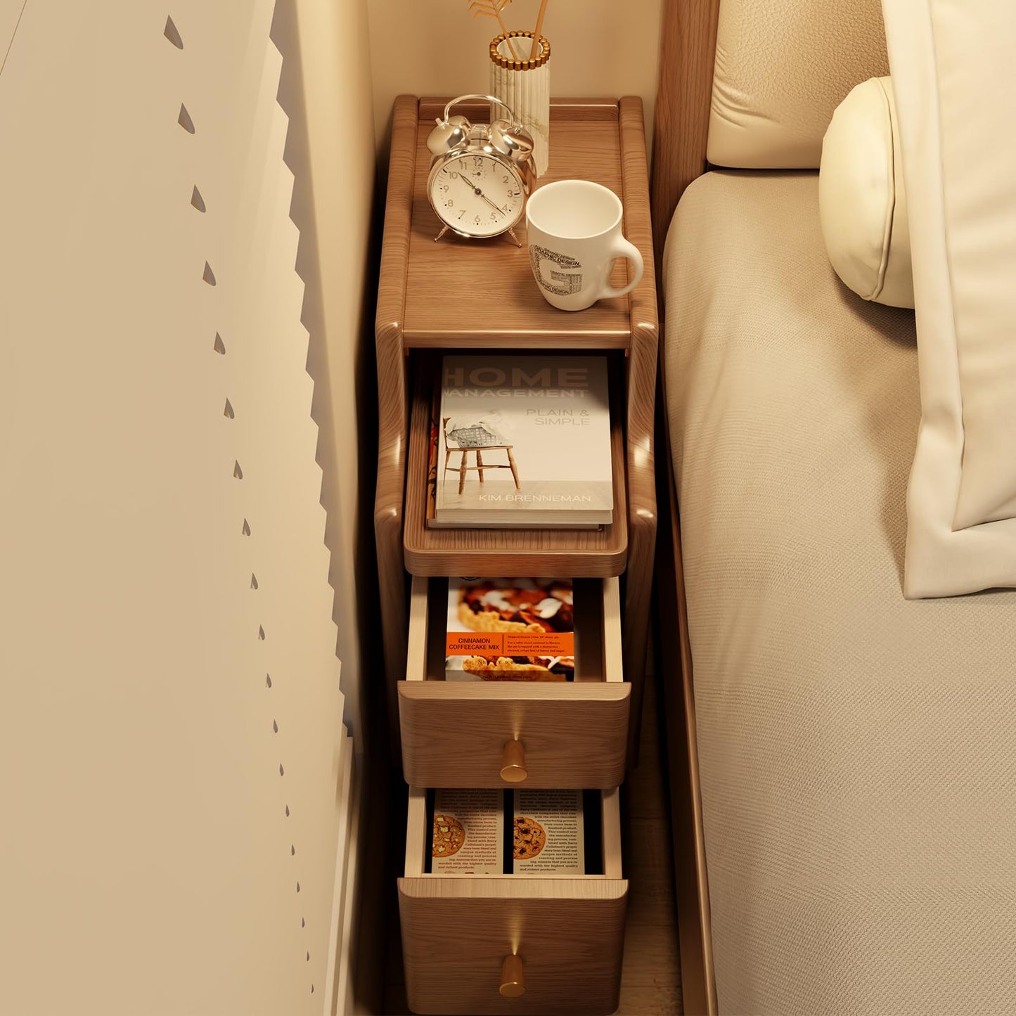 AQIMUELE Narrow Nightstand with Drawers, Wood Bedside Table, Small Walnut Nightstand Set of 2