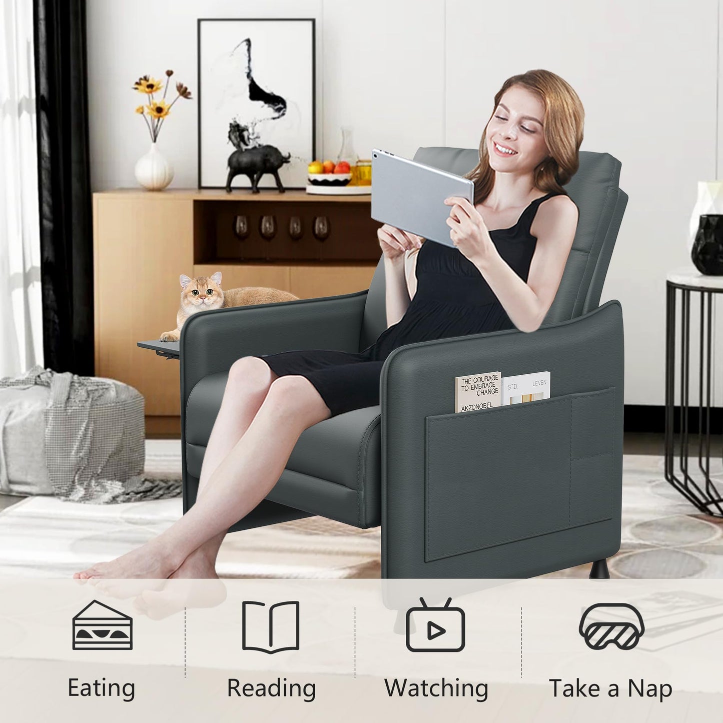 Alunaune Upholstered Living Room Chair Armchair, Mid Century Accent Chair, Reception Couch Slipper Club Lounge Chair Guest Comfy Single Sofa with Sidetable for Bedroom-Grey