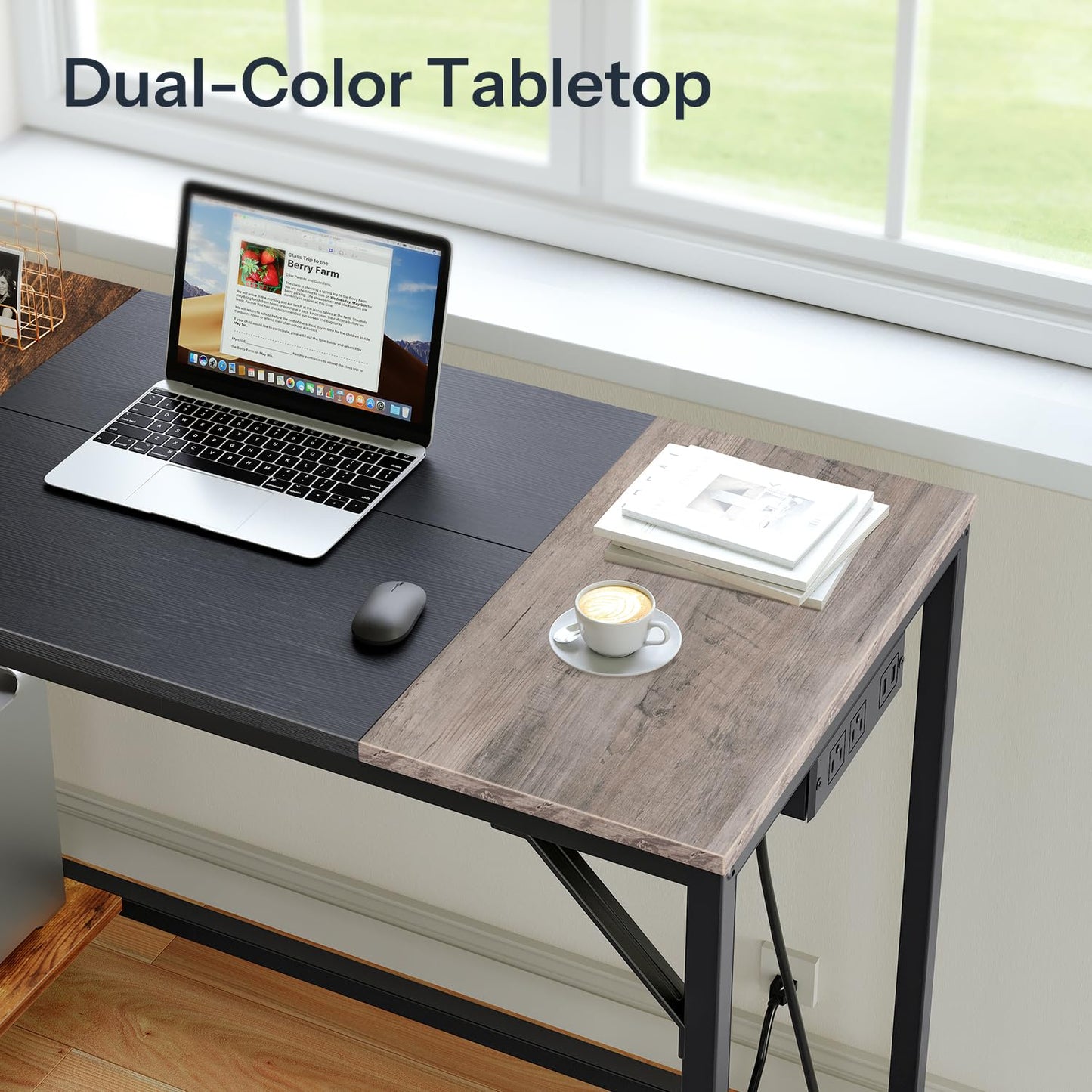 HOOBRO Small Computer Desk, Home Office Desk with Power Outlet, Writing Desk with 2 Shelves, Modern Small Desk for Home Office, Study, Easy to Assemble, Charcoal Gray and Black BG43UDN01