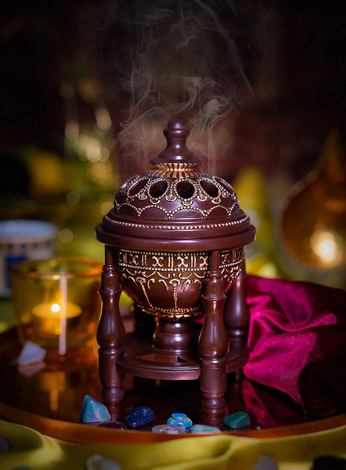 AM Charcoal Incense Burner - Bakhoor Burner, Oud Frankincense Resin Burner for Office & Home Decor, Lavish 4 Pillar Bukhoor Burners, Elegant Brown Design for Luxury Aroma Experience (Brown)