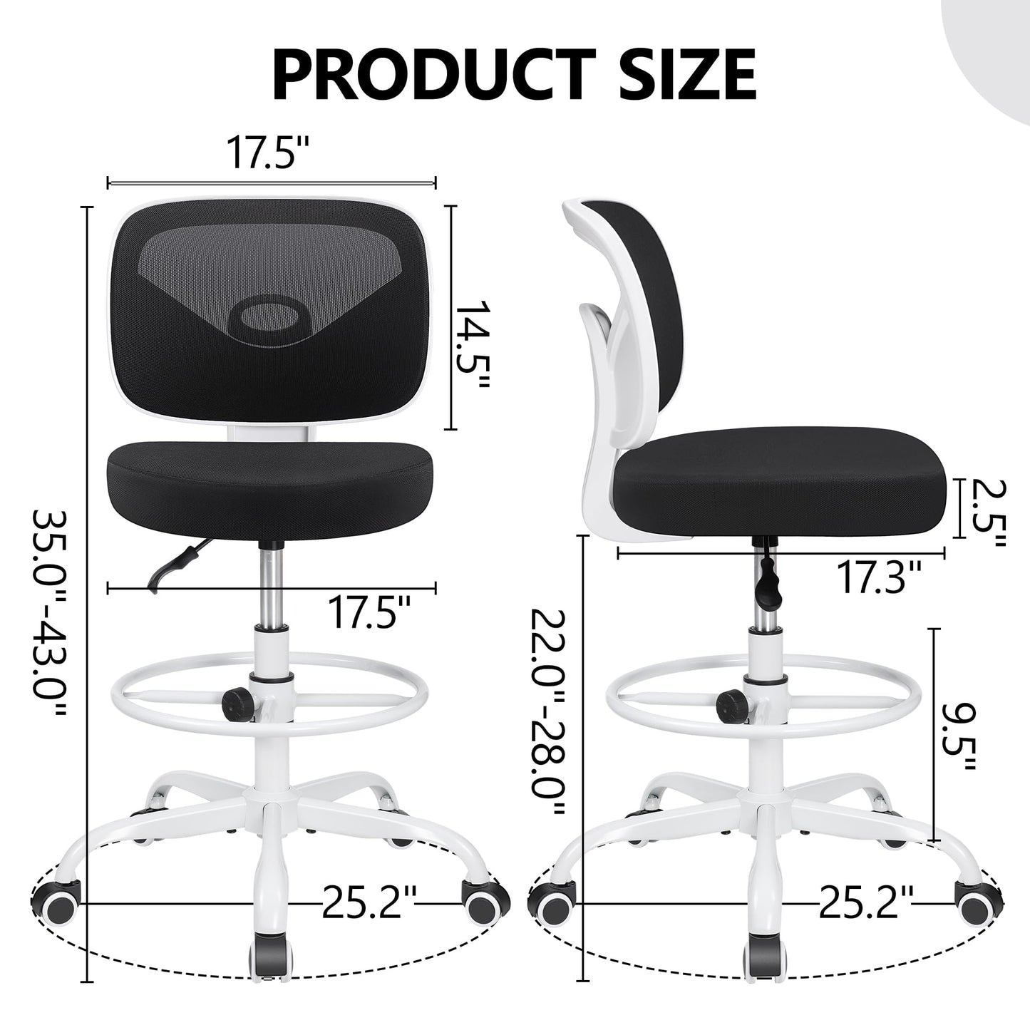 Primy Armless Mid-Back Ergonomic Standing Desk Chair - Mesh Rolling Tall Chair, Adjustable Height and Footring, Art Room, Office or Home (White)