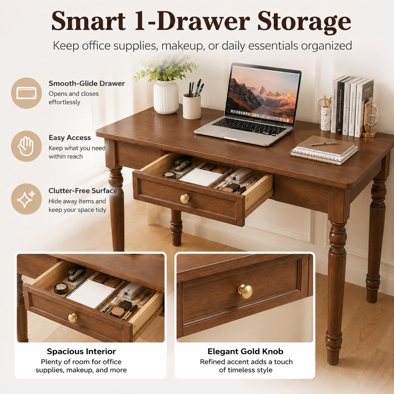 TYHRZNJJ 31" Solid Wood Writing Desk with Drawers – French Country Computer Desk for Home Office, Bedroom, Living Room, or Study(Walnut,31 x 24 x 30 in)