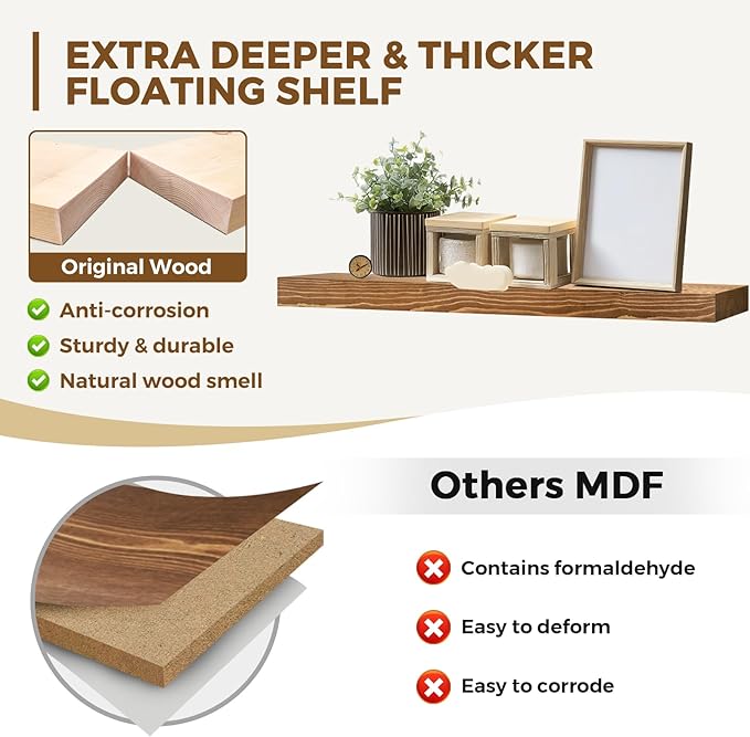 36x8x1.6 inch Floating Shelves Set of 2 – Solid Wood Rustic Brown Wall Mounted
